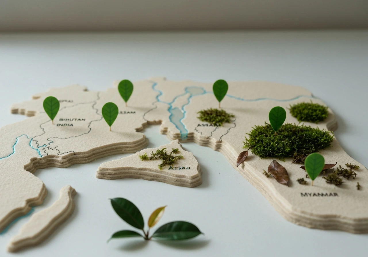 Minimal tabletop habitat map with leaf markers for Nepal, Bhutan, Assam, Bangladesh, and Myanmar.