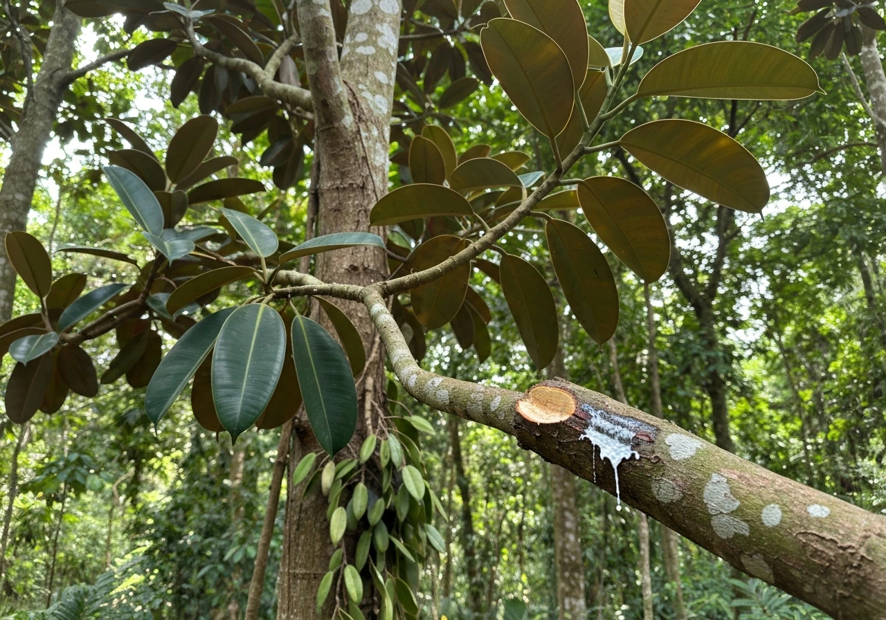 Mature rubber plant (Ficus elastica) in a tropical forest, with a visible latex sap flow detail.