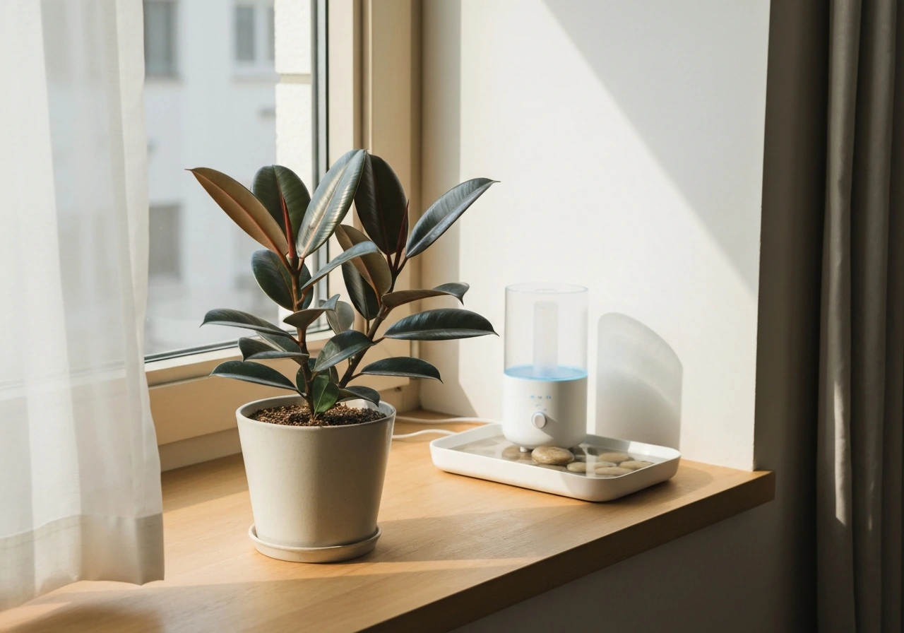Rubber plant by a bright window with indirect light and a small humidity device nearby.