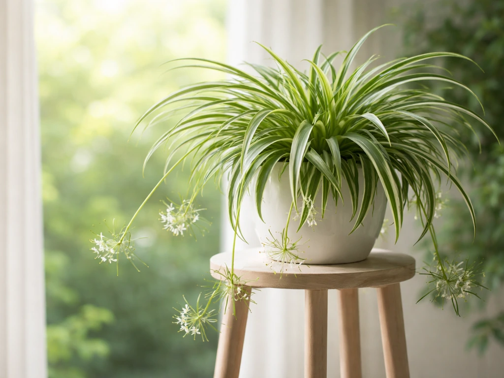 Spider plant thriving near bright filtered window light with hanging runners