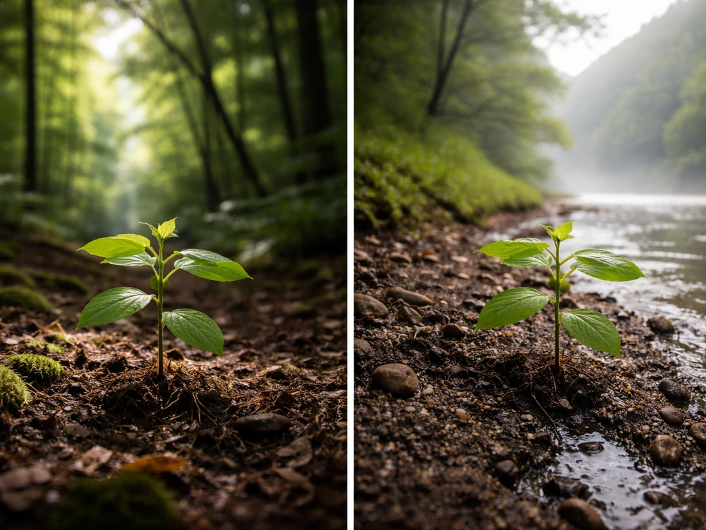 Split photo showing a sapling under canopy with dappled light and moist, well-drained river-valley soil.