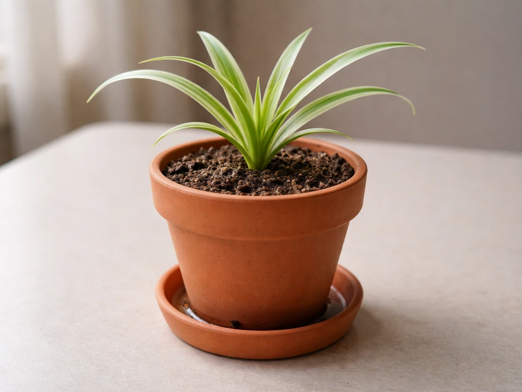 Spider plant in a pot with moist soil surface and visible drainage holes, not soggy