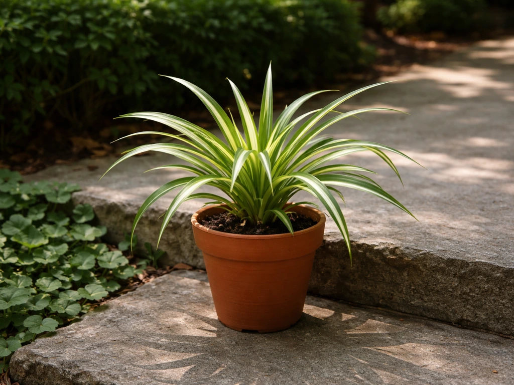 Spider plant leaves near a shaded patio planter with moisture-retaining greenery, outdoors in soft natural light.