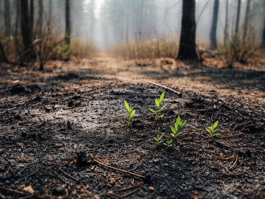Scorched forest soil after fire with a few fresh green pioneer shoots emerging in open sunlight.