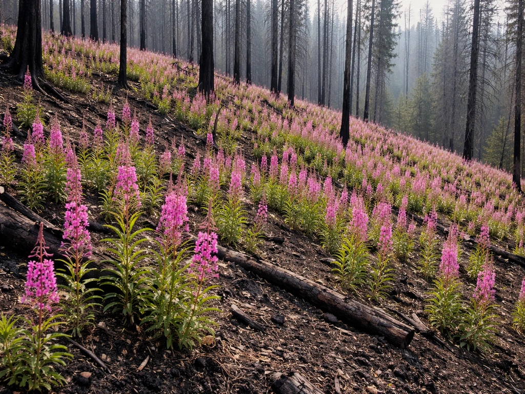 Magenta-pink fireweed blooms cover a burned temperate forest hillside with blackened trees in back