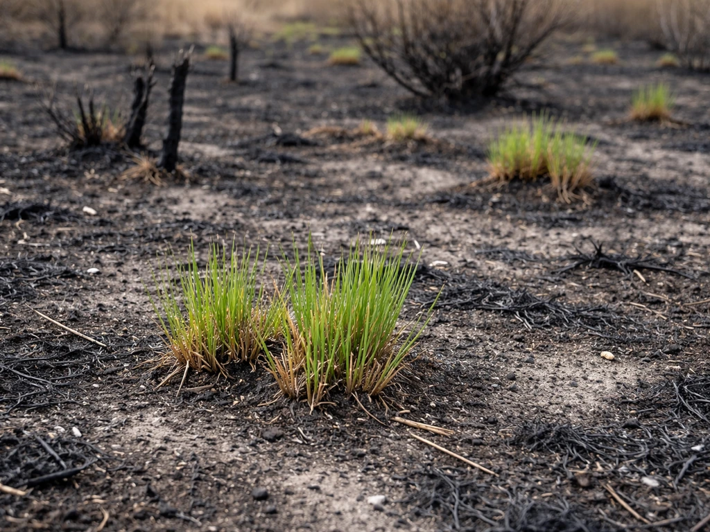 Native bunchgrasses sprouting from protected crowns in a recently burned grassland