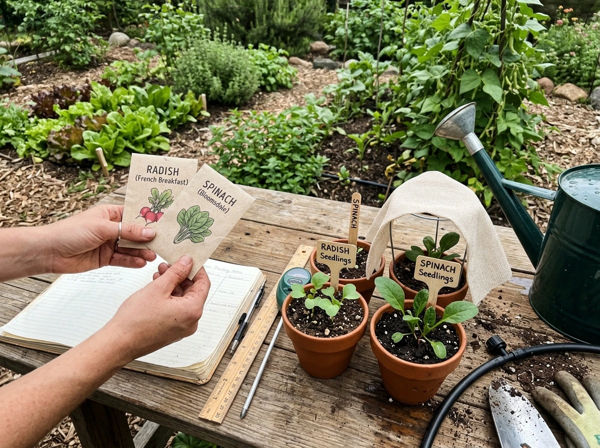 Plants being checked for compatibility using labels and growing requirements notes