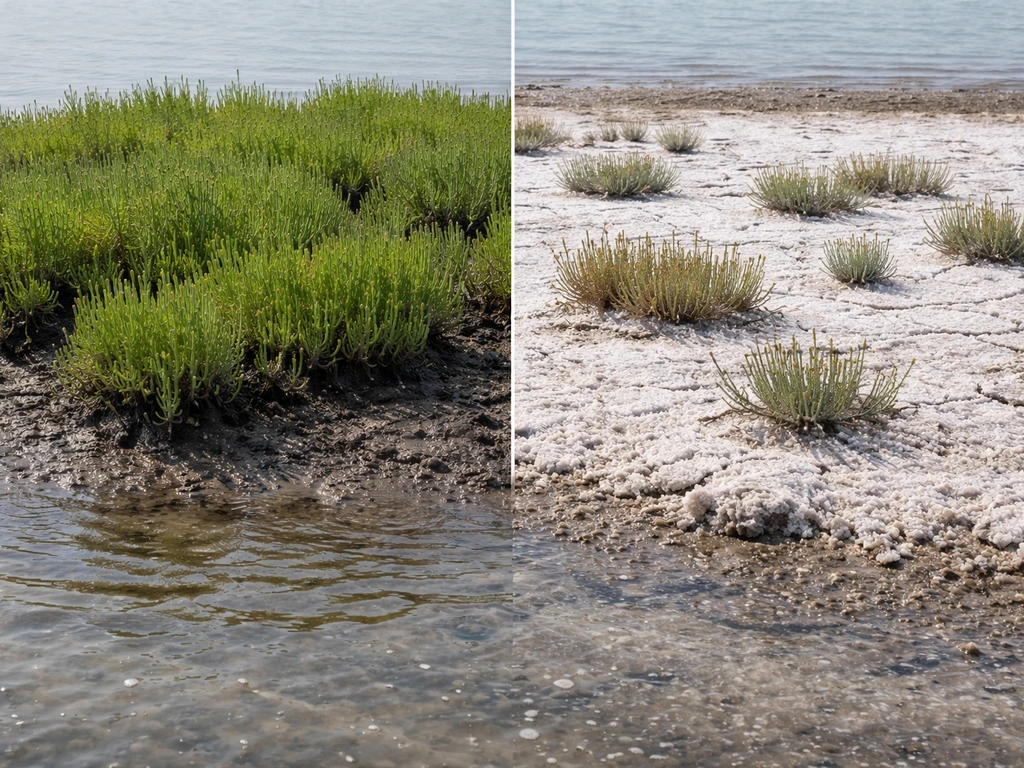 Salt-tolerant halophyte plants at a shoreline, with salt crust and shallow tidal water in a saline marsh.