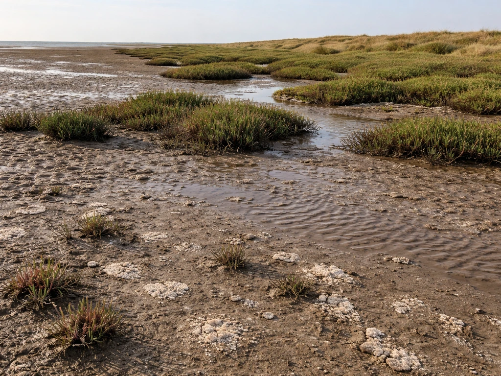 Low-tide salt marsh showing a gradient from bare salty mud to dense halophyte patches.