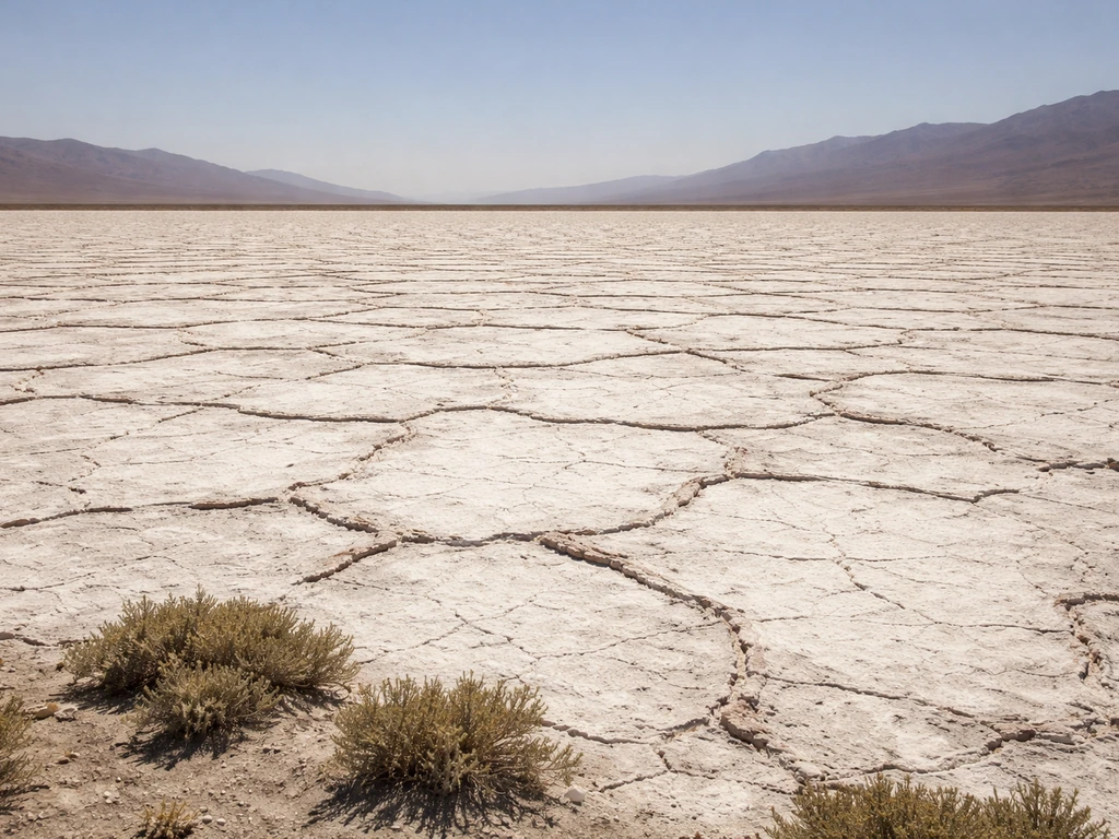 Cracked inland salt flat with bright salt crust and sparse halophyte silhouettes under harsh sunlight.