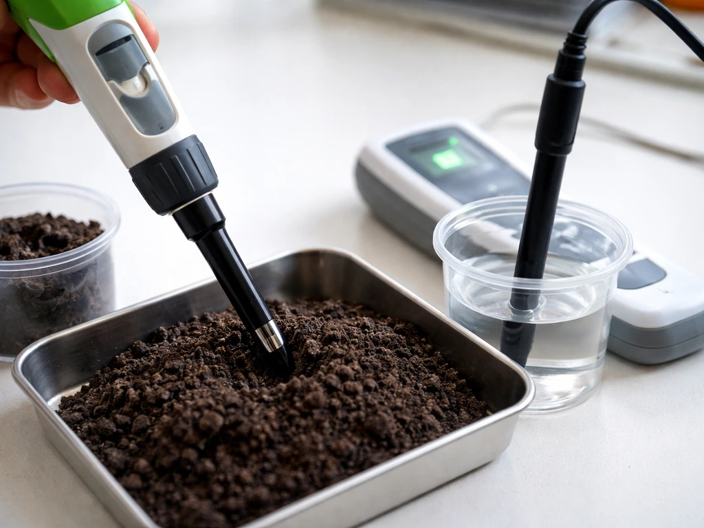 Lab close-up of an EC salinity probe testing soil beside a water conductivity setup.