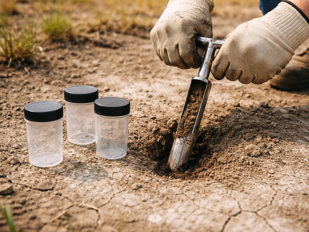 Hands using a small soil corer to collect soil samples from a bare field, with containers ready for testing.