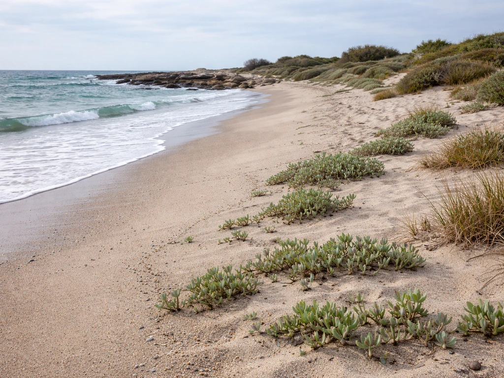 Coastal shoreline gradient with sand to rocky areas, showing sparse salt-tolerant plants across zones.