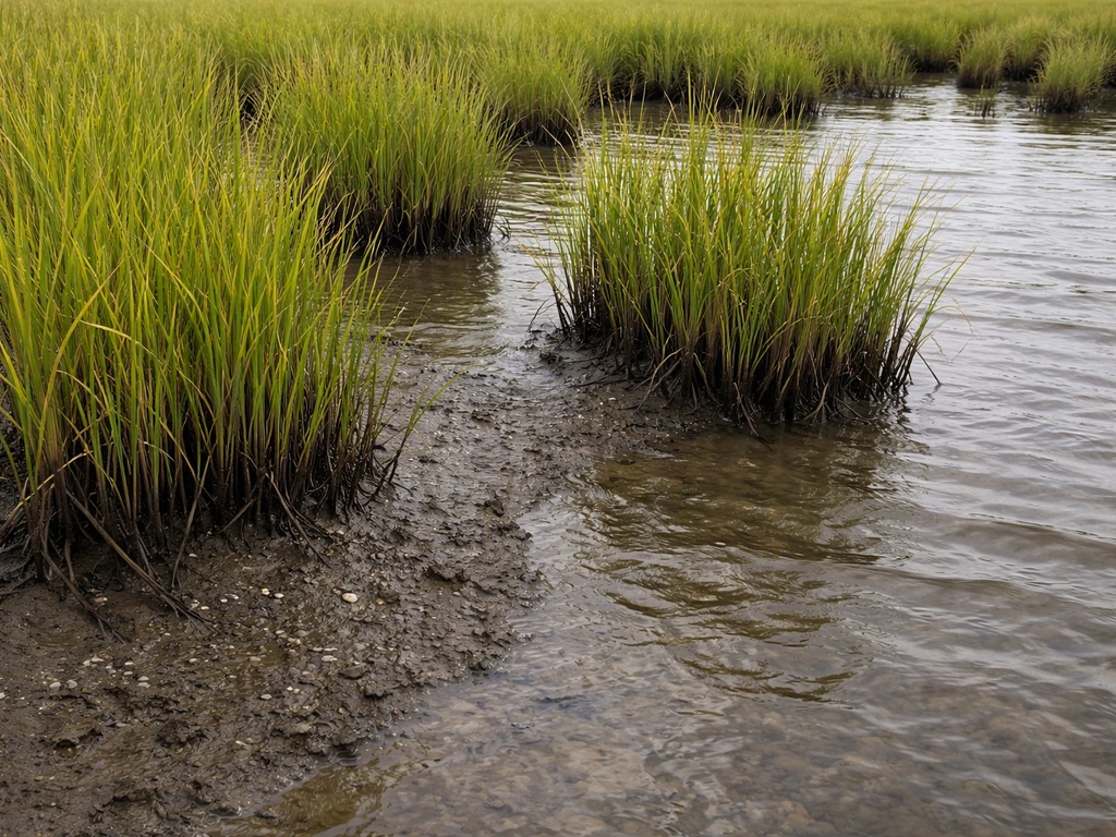 Cordgrass and other halophytes growing in a tidal salt marsh with shallow brackish water and muddy substrate.