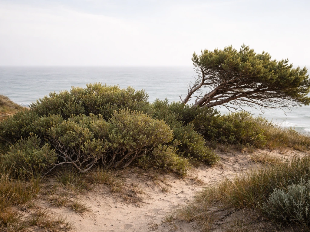 Wind-shaped coastal shrubs and small trees on a sandy bluff overlooking muted ocean waves.