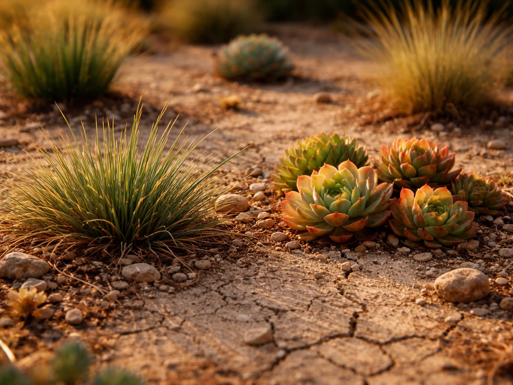 Drought-tolerant succulents and ornamental grasses thriving in dry arid garden soil at golden hour.