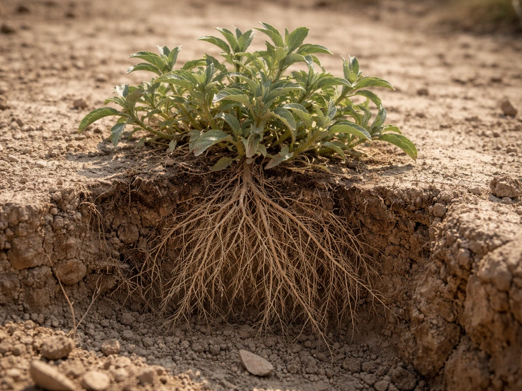 A single drought-tolerant plant in cracked dry soil with roots visible, showing survival adaptations.