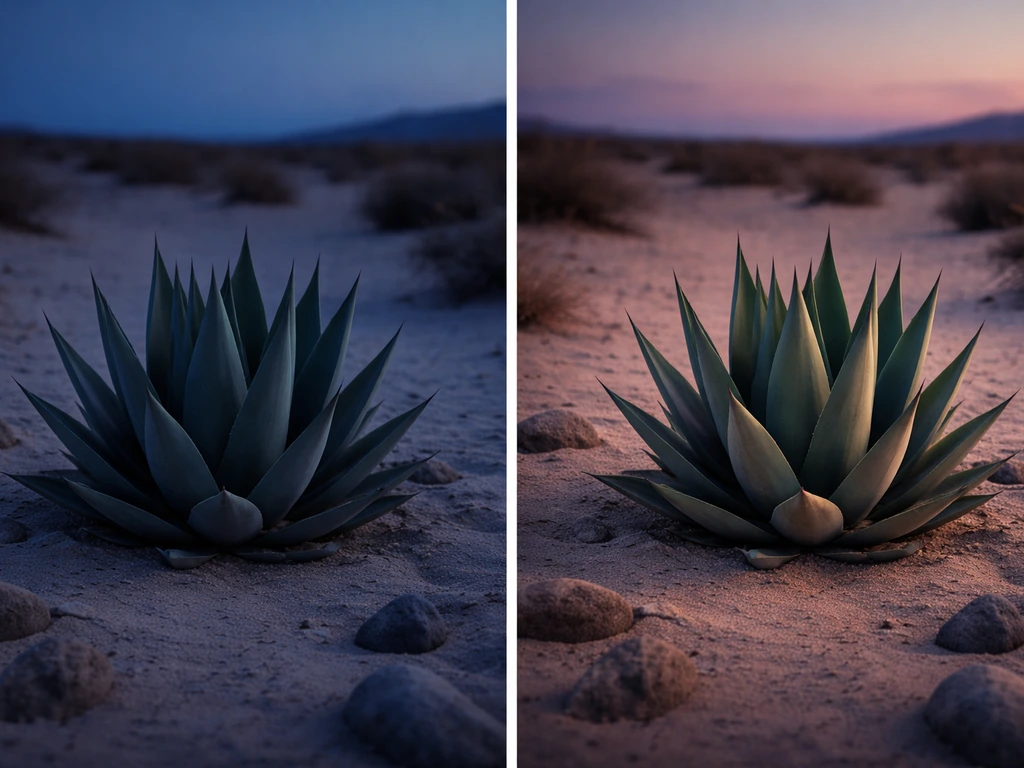 Agave in a desert at dusk with closed look, contrasted against bright daytime posture.