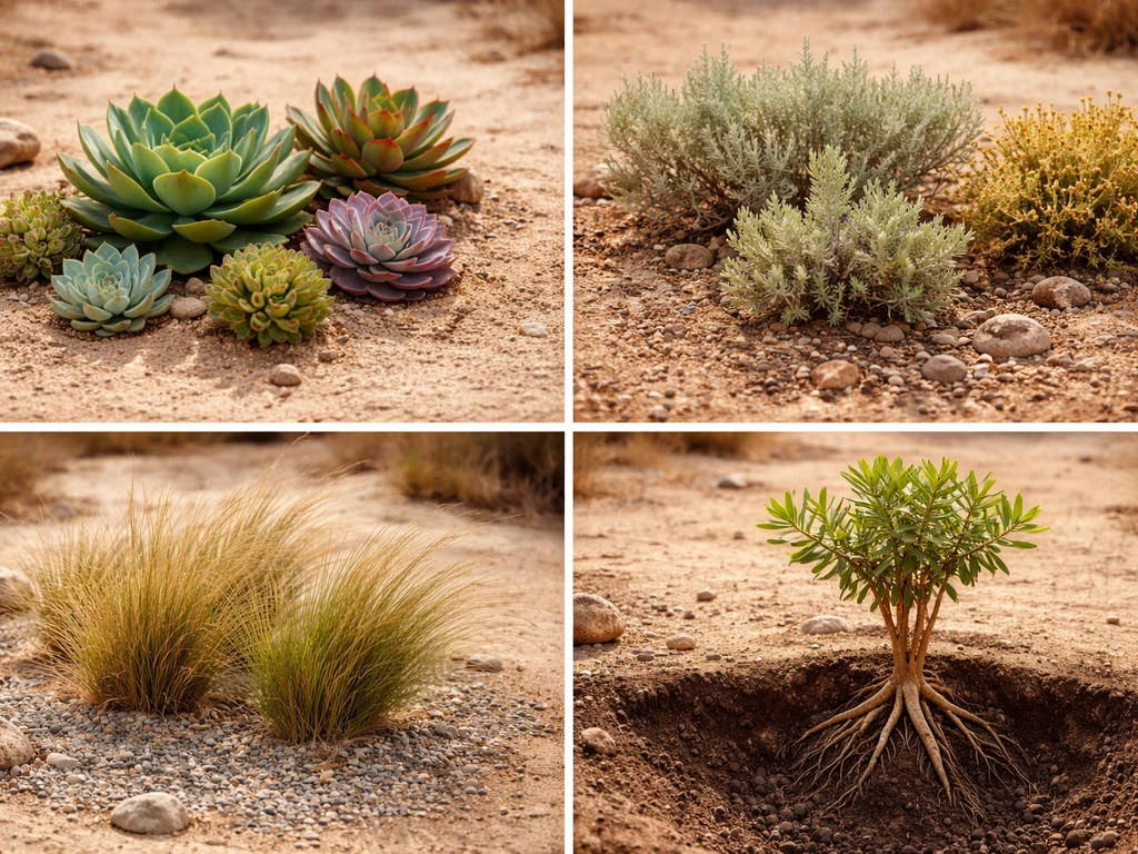 Minimal collage of distinct dry-climate plant growth forms: succulents, shrubs, grasses, and deep-rooted plants.