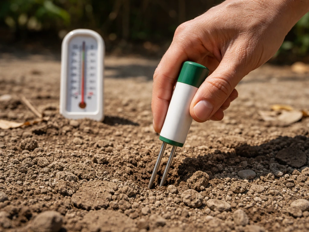 Anonymous hand checking dry soil moisture with a probe beside an outdoor thermometer in hot sun.