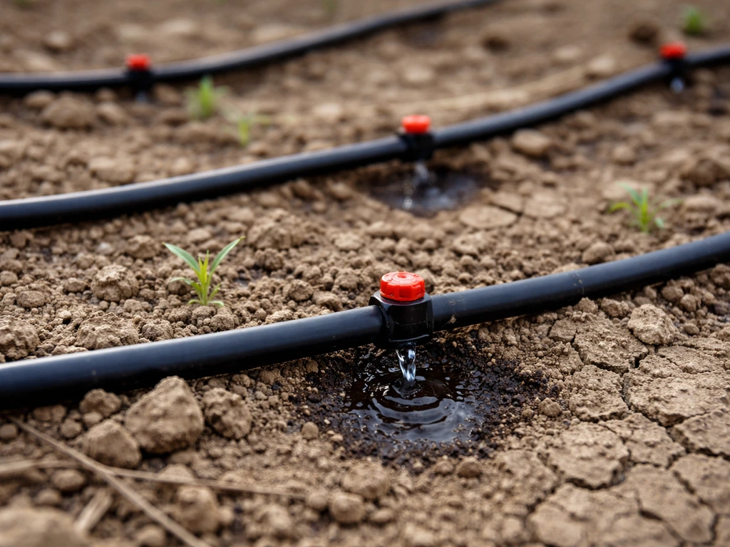 Close-up of drip irrigation emitters delivering water to dry soil near roots, with tubing visible.