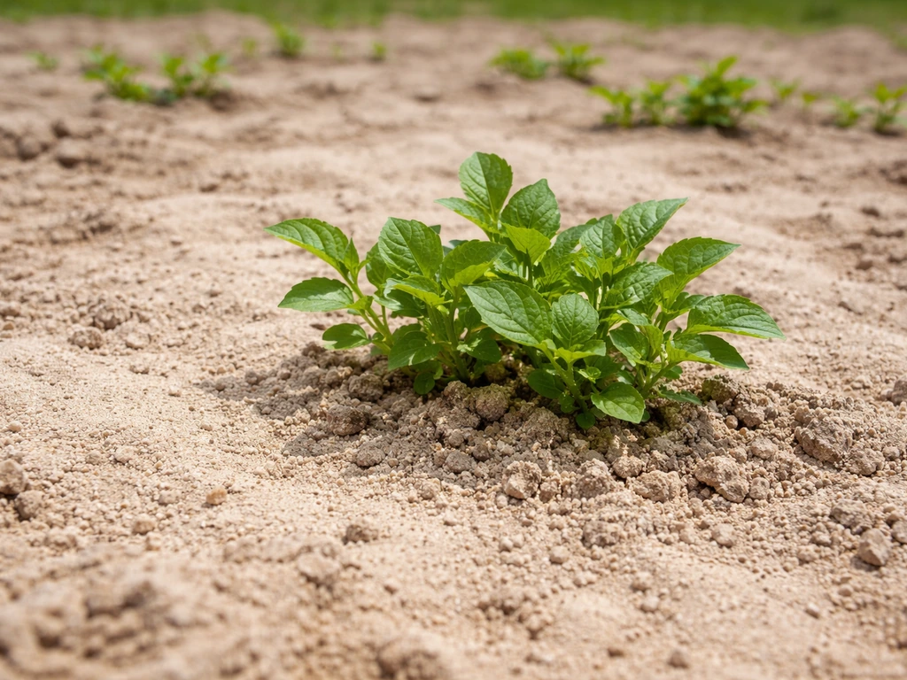 Healthy small garden plants growing in pale, sandy soil with sparse background, suggesting low nitrogen conditions.