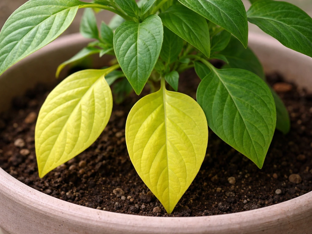 Close-up of plant leaves with older lower leaves fading to pale yellow-green from nitrogen deficiency