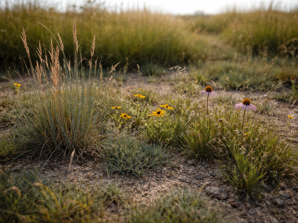 Native warm-season grasses and hardy prairie wildflowers growing in sparse, sandy soil.