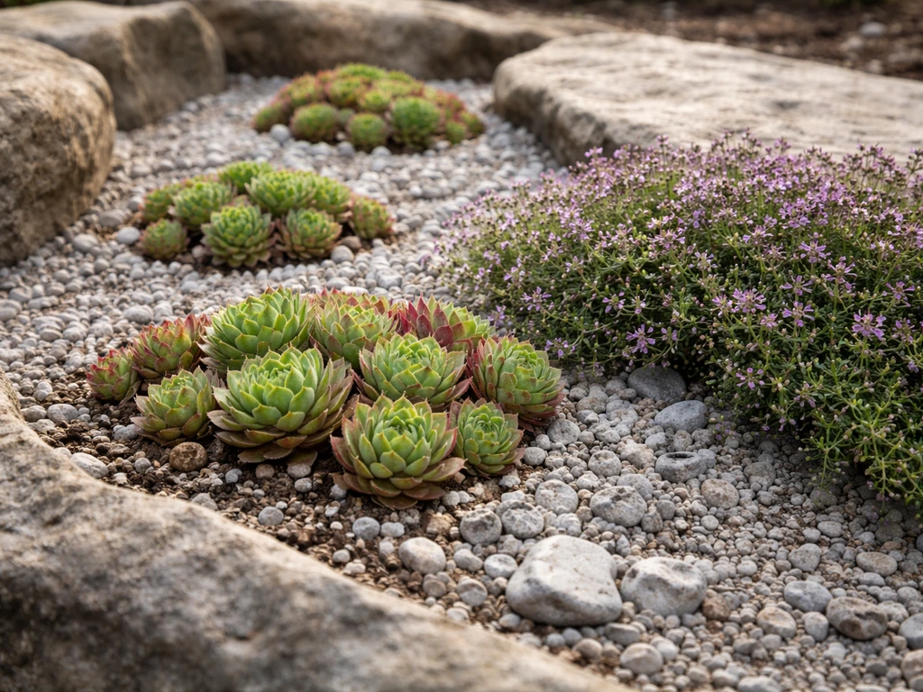 Close view of a gritty rock garden with creeping thyme and hens-and-chicks in small rocky pockets.