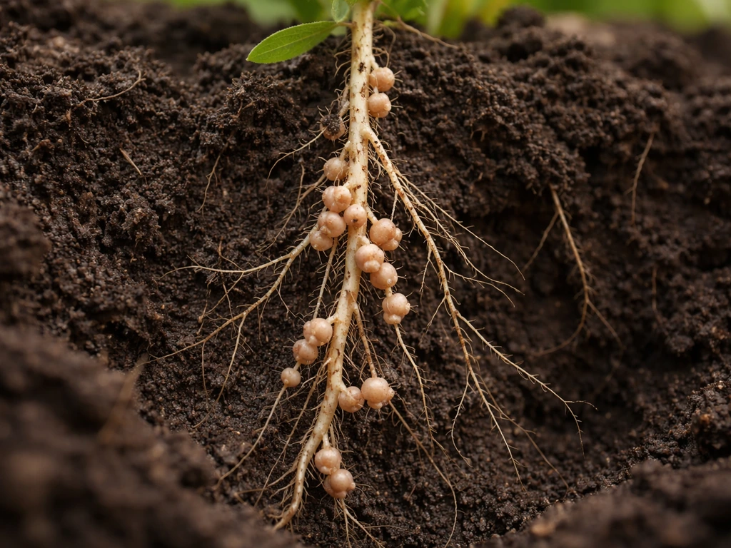 Close-up of legume roots with visible nodules in moist soil, highlighting nitrogen-fixing symbiosis.