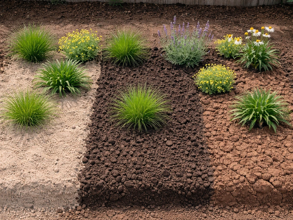 Minimal split garden bed showing sandy, loamy, and clay soil with hardy plants thriving in each section.