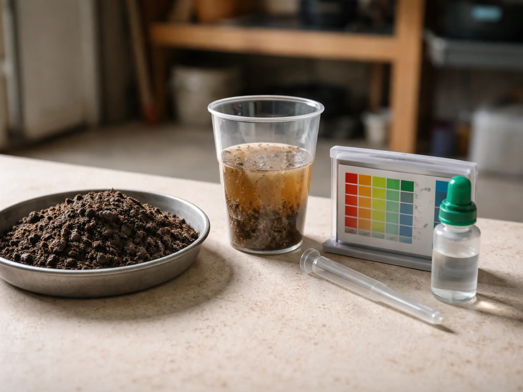 Small soil sample in containers beside a pH test kit on a table in a home garage work area.