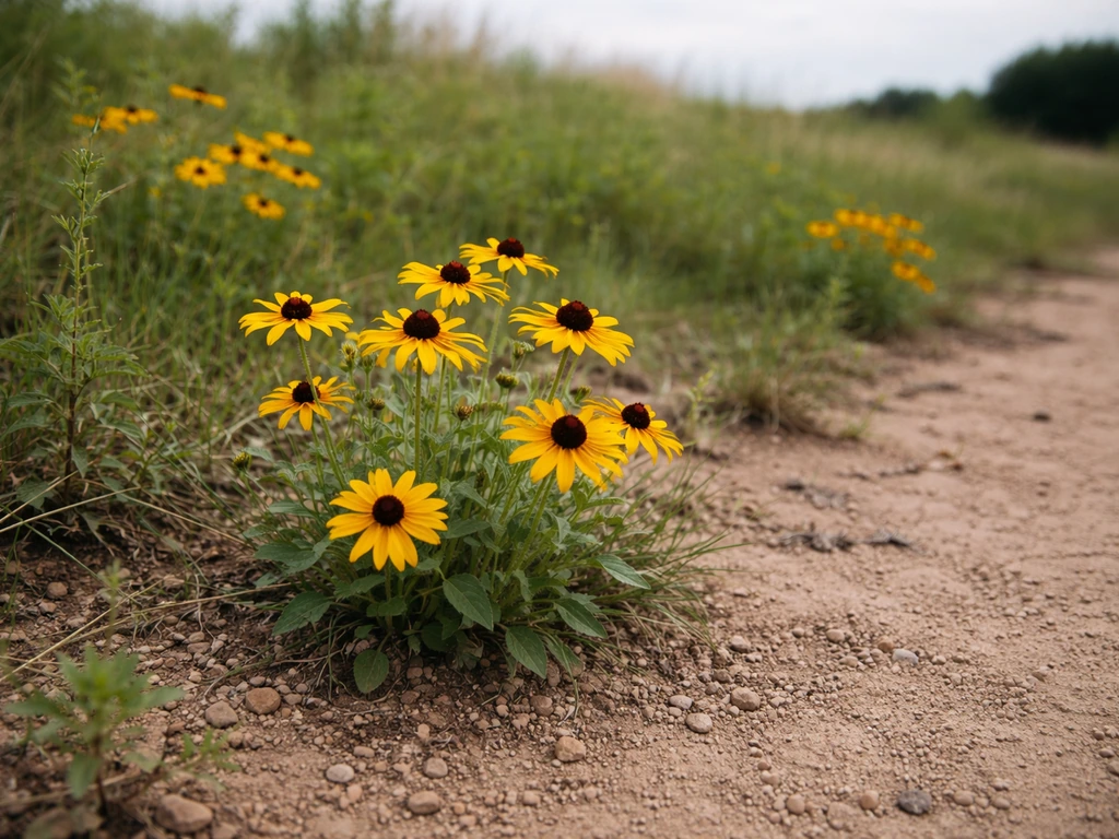 Black-eyed Susan flowers in a natural prairie border with varied sandy-to-clay soil textures.