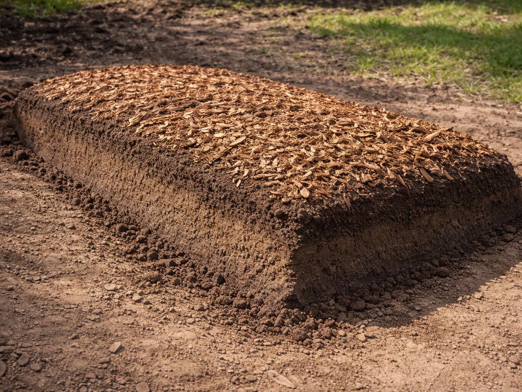 Raised garden bed on heavy clay soil with mounded root zone and wood mulch for improved drainage.