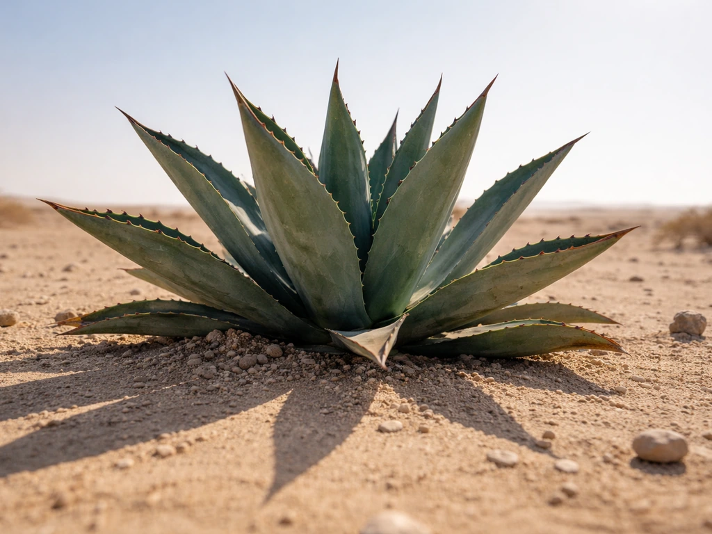 A striking century plant (Agave americana) in a dry, sunlit desert landscape with sandy soil and arid light.