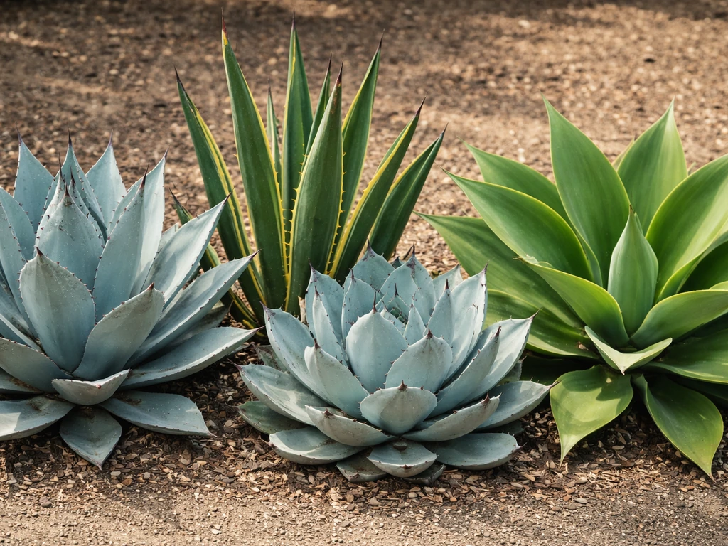 Several agave species side-by-side, close on leaf shapes to show why “century plant” is confusing.