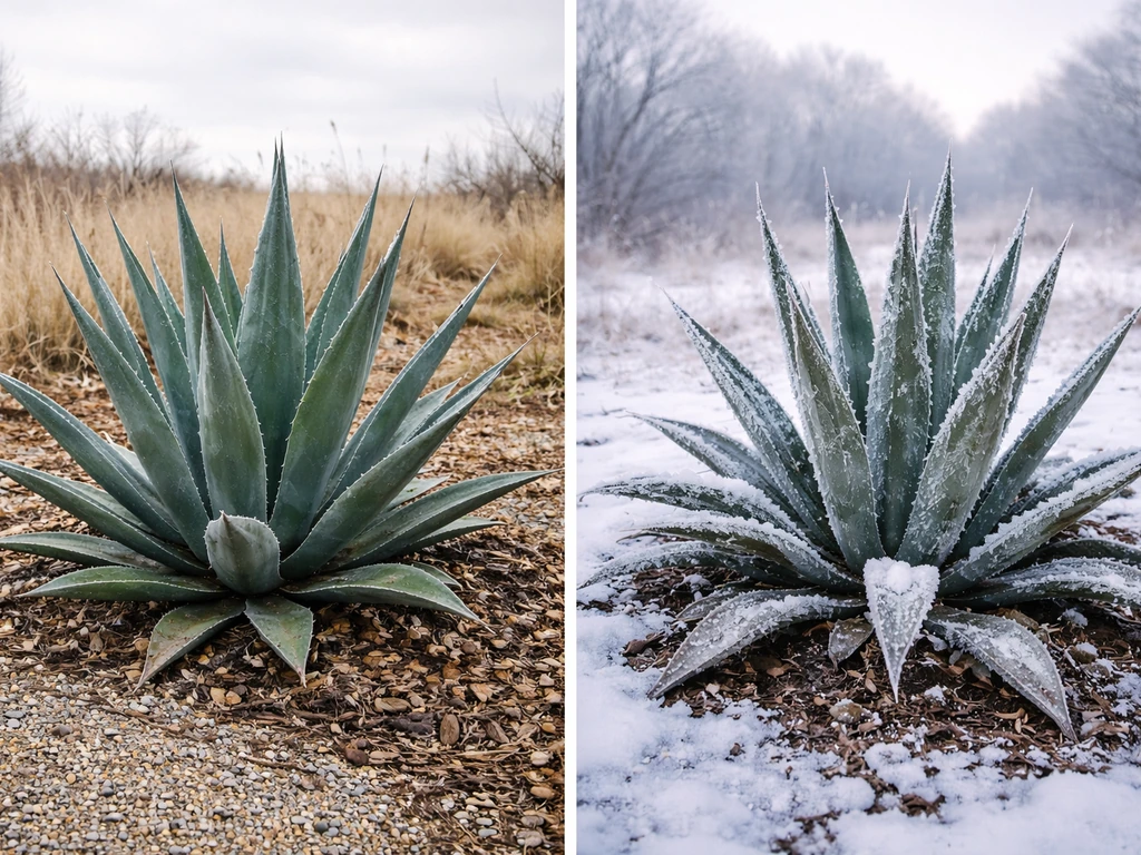 Split scene of hardy agave after cool weather versus an icy, stressed agave in freezing cold.