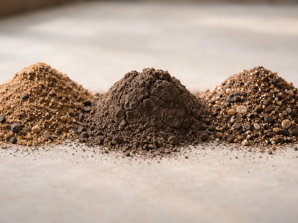 Close-up soil comparison showing gritty sandy cactus mix vs compact heavy clay in three small mounds.