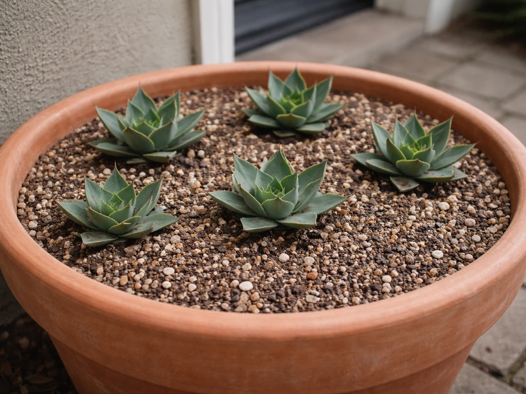 Large pot with gritty cactus potting mix and young century plants in a near-sheltered outdoor spot