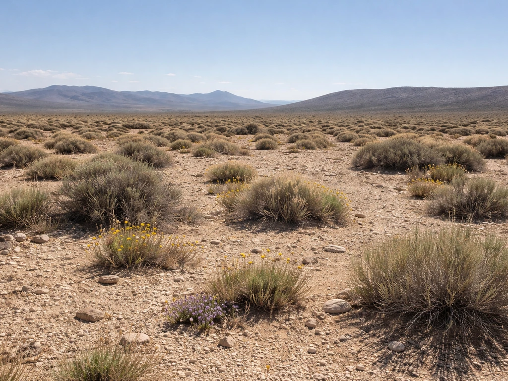 High-desert landscape with rocky soil, drought-tolerant shrubs, grasses, and a few wildflowers under clear sky.