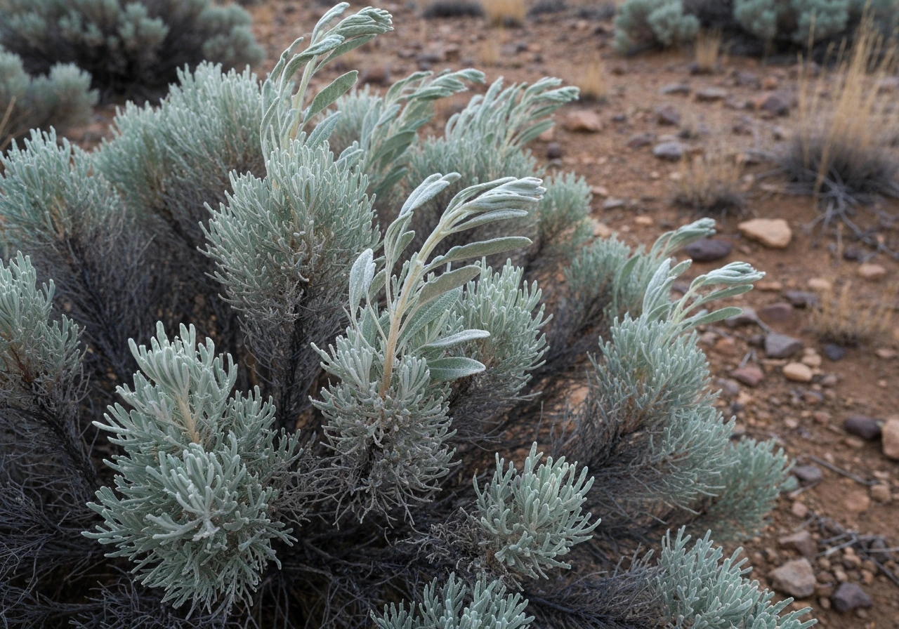 Close-up of drought-tolerant big sagebrush with silvery foliage in a dry high desert landscape.