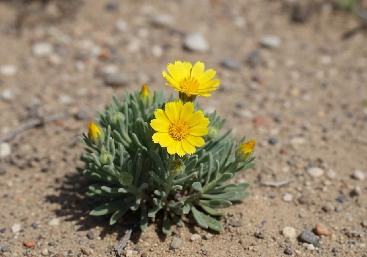 Desert marigold wildflower with bright yellow blooms on gray-green foliage against dry desert soil