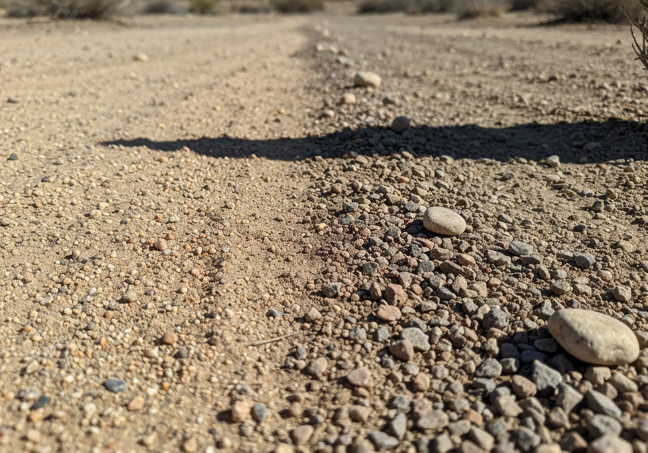 Close-up of high-desert soil showing sandy and rocky textures with sun-shadow contrast for site matching.