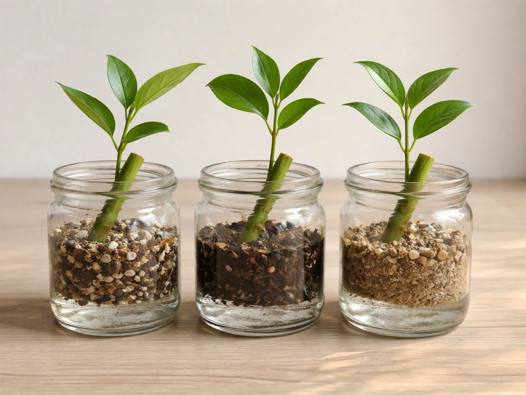 Three unlabeled soil containers with identical stem cuttings on a tabletop, suggesting cool to warm climates.