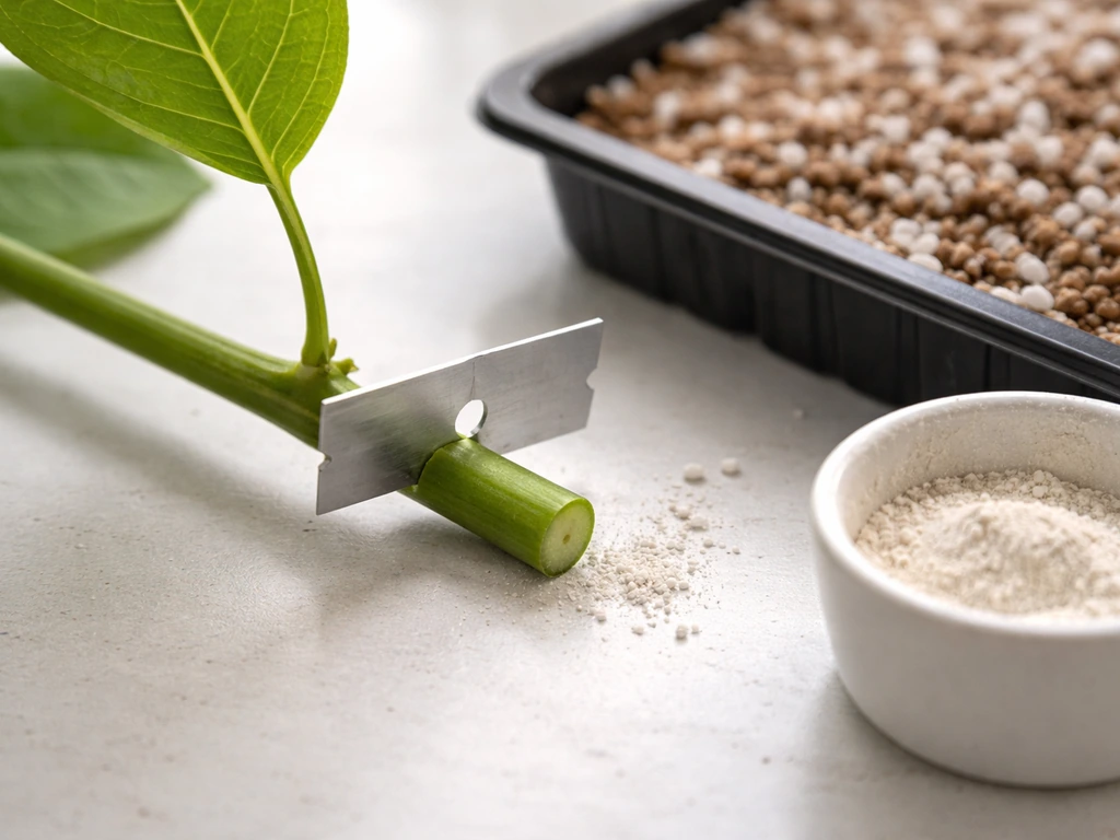 Close-up of a gardener making a clean stem cutting below a leaf node, with rooting medium nearby.