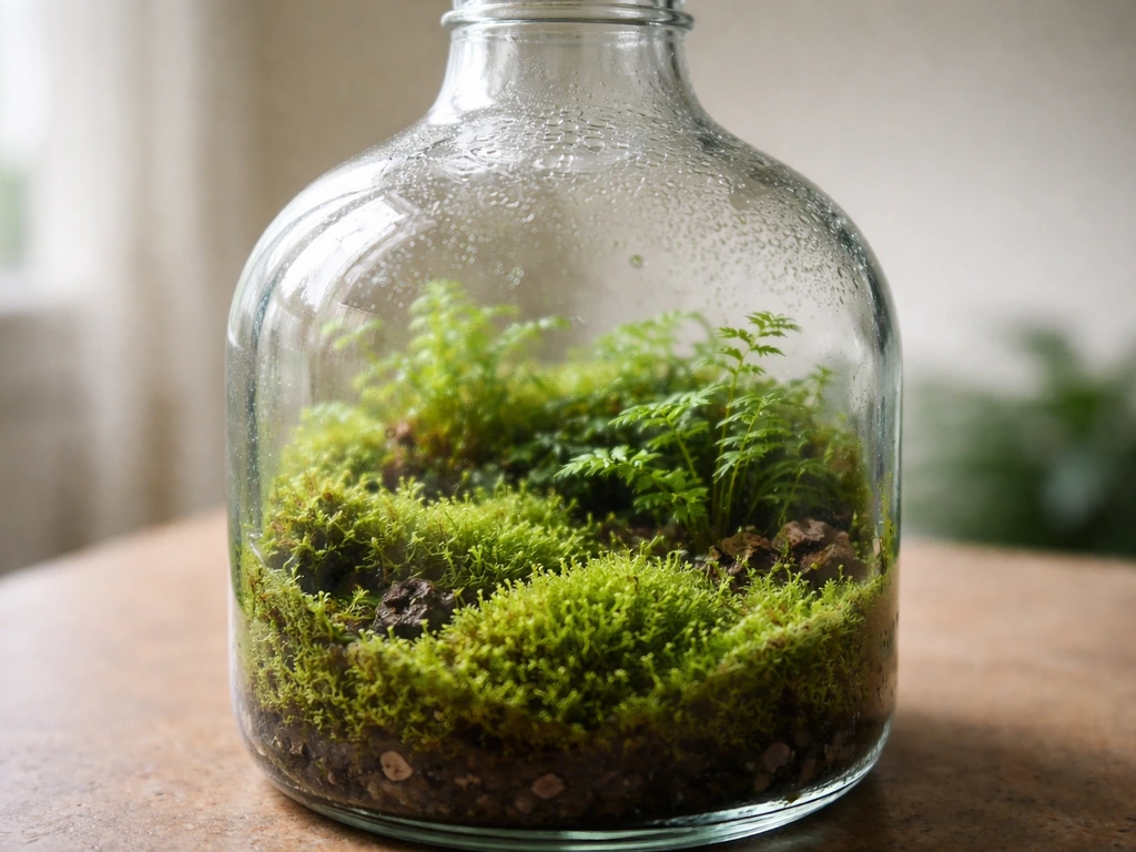 Lush mosses and tiny ferns thriving inside a sealed glass bottle garden, with condensation and humid glow.
