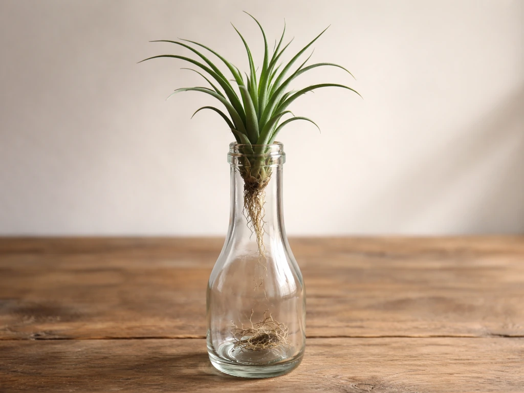 Tillandsia air plant tucked in the neck of a wine bottle, roots supported without soil.
