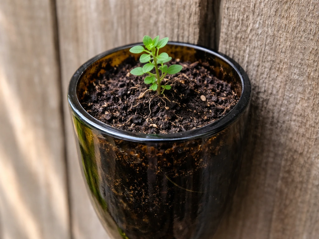 Small thyme seedling growing in a vertical wine bottle planter on a fence, close-up starter herb garden.
