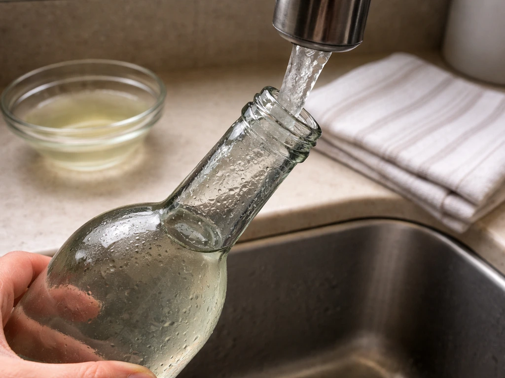 Close-up of rinsing a wine bottle with hot water, with vinegar solution nearby and towel drying.