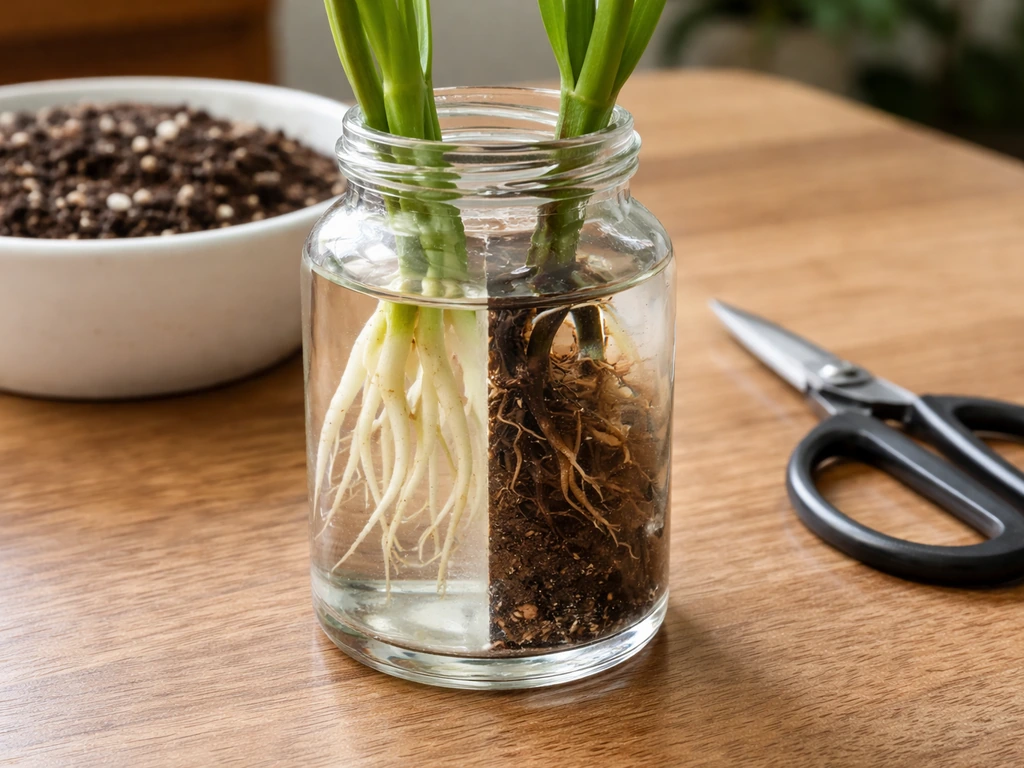 Close-up of healthy vs rotted roots in a clear bottle with scissors and fresh medium beside it.
